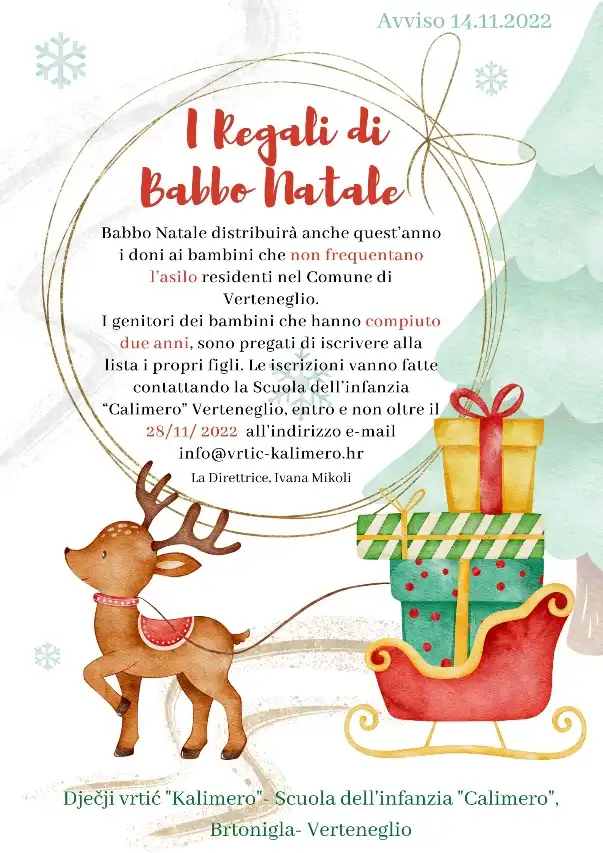 Babbo Natale distribuirà anche quest’anno i doni ai bambini che non frequentano l’asilo residenti nel Comune di Verteneglio