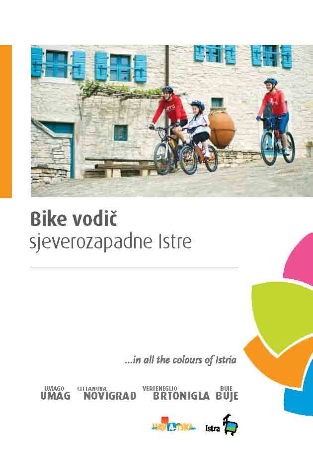 Slika je naslovna stranica Bike vodiča. Na gornjoj strani stoji slika sa obitelji - mama, tata i dijete koji voze bicikle nizbrdo a prolaze pored bijele kamene kuće sa prozorima plave boje. Ispod slike je natpis „Bike vodič sjeverozapadne Istre“ a još ispod su natpisi sponzora ovog vodiča, uglavnom gradovi Bujštine. Sa gornje strane natpisa gradova vidljiv je i natpis u sitnim slovima sa imenima gradova na talijanskom jeziku, dok su ispod, velikim štampanim slovima, navedeni gradovi na hrvatskom jeziku. Sa lijeve na desnu stranu, kako je prethodno opisano, nabrojeni su gradovi: Umago Umag, Cittanova Novigrad, Verteneglio Brtonigla i Buie Buje. Iznad imena gradova stoji izreka „In all the colours of Istria“. U donjem desnom dijelu slike, s desne strane, stoji logotip klastera Colours of Istria, tj. četiri lista, od kojih je prvi s gornje strane ljubičaste boje, odmah ispod njega stoji list kričavo zelene boje, slijedi list narančaste boje i na kraju je list plave boje. Listovi su međusobno povezani u polukružnom obliku, podsjećaju na latice cvijeta.