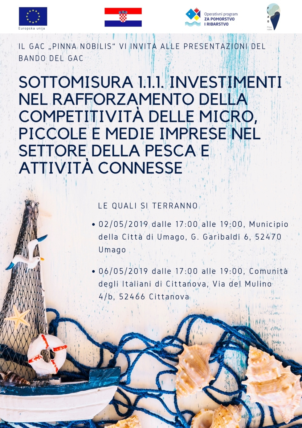 Pubblicato il primo bando del GAC per la sottomisura 1.1.1. „Investimenti nel rafforzamento della competitività delle micro, piccole e medie imprese nel settore della pesca e attività connesse“