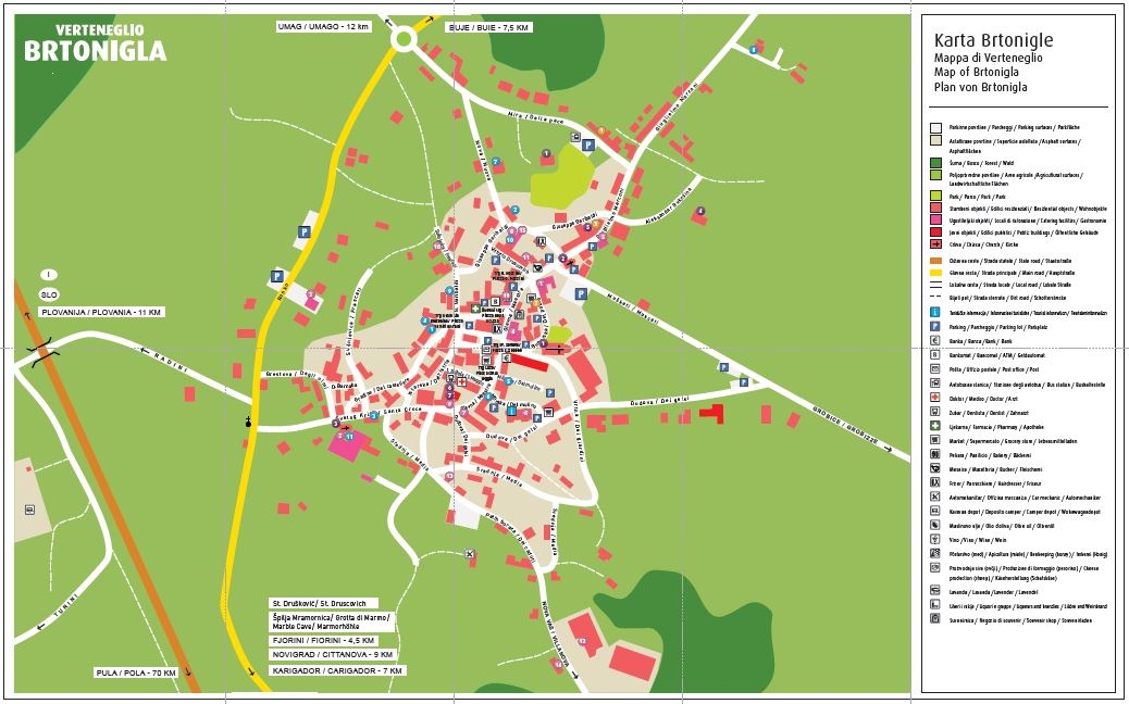 Slika je smanjeni format topografske karte naselja Brtonigla. Sa desne strane slike vidi se okomiti bijeli prostor sa oznakama - legenda karte.