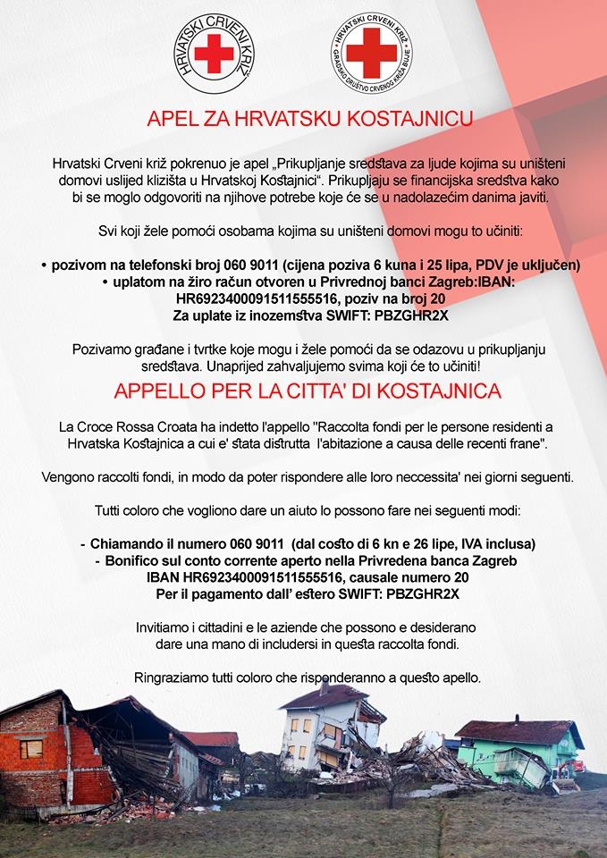 Apel Hrvatskog Crvenog Križa za hrvatsku Kostajnicu