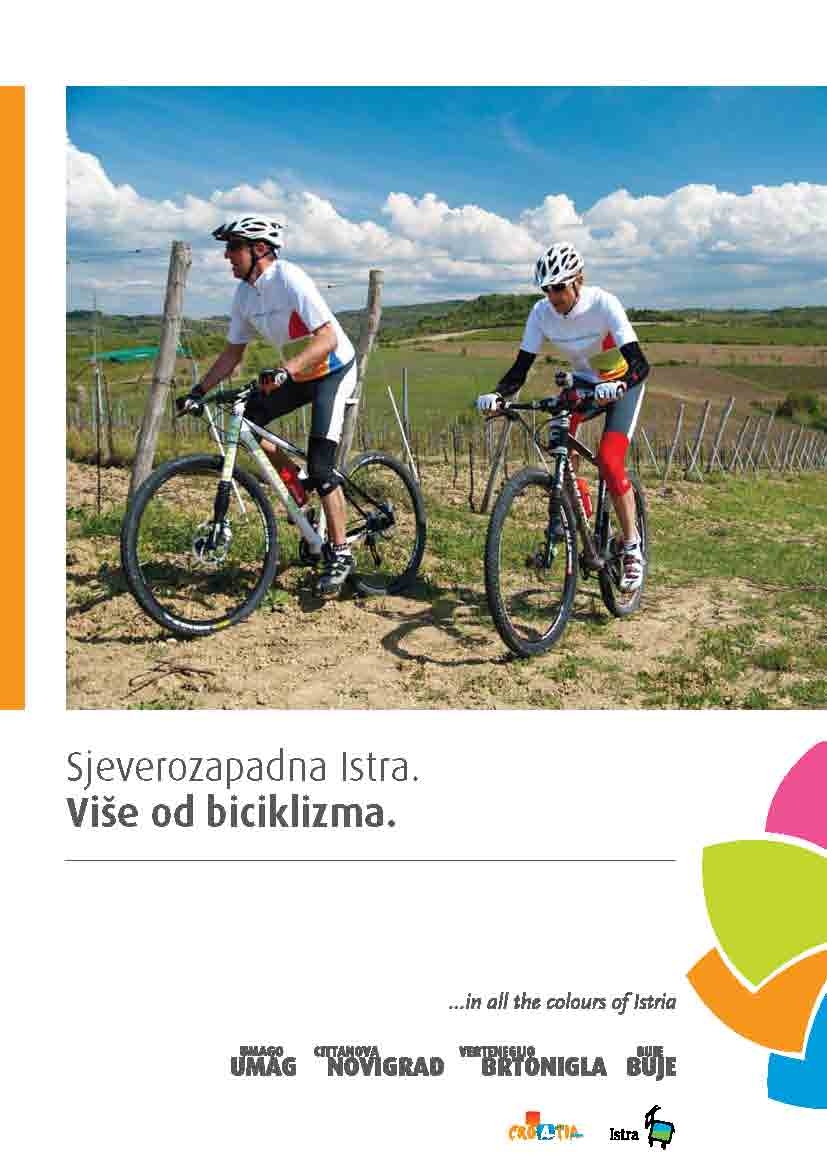 Slika je naslovna stranica Bike vodiča. Na gornjoj je strani prikazana slika sa dvoje biciklista koji voze uzbrdo na zemljanoj cesi pored ogoljelog vinograda. U pozadini se vide brežuljci i plavo nebo sa bijelim oblacima koji ukazuju na lijepi, sunčan dan. Ispod slike je natpis „Sjeverozapadna Istra – Više od biciklizma“ a još ispod su natpisi sponzora ovog vodiča, uglavnom gradovi Bujštine. Sa gornje strane natpisa gradova vidljiv je i natpis u sitnim slovima sa imenima gradova na talijanskom jeziku, dok su ispod, velikim štampanim slovima, navedeni gradovi na hrvatskom jeziku. Sa lijeve na desnu stranu, kako je prethodno opisano, nabrojeni su gradovi: Umago Umag, Cittanova Novigrad, Verteneglio Brtonigla i Buie Buje. Iznad imena gradova stoji izreka „In all the colours of Istria“. U donjem desnom dijelu slike, s desne strane, stoji logotip klastera Colours of Istria, tj. četiri lista, od kojih je prvi s gornje strane ljubičaste boje, odmah ispod njega stoji list kričavo zelene boje, slijedi list narančaste boje i na kraju je list plave boje. Listovi su međusobno povezani u polukružnom obliku, podsjećaju na latice cvijeta.