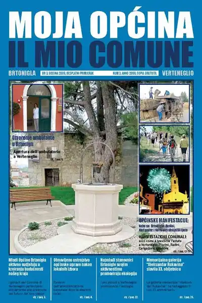 Questa foto ha la forma di un foglio A4 in posizione verticale, si tratta della copertina della rivista "Il mio comune", terza ed ultima edizione. Lo sfondo del pulsante è blu, in alto è presente una scritta in maiuscolo dai caratteri bianchi “Il mio comune", mentre subito sotto vi si trova la traduzione in italiano, a caratteri maiuscoli di colore blu scuro. Sotto il titolo c'è un'immagine che unisce 4 foto più piccole dei luoghi d'interesse del Comune di Verteneglio: la chiesa di San Zenone, il pozzo in Via del Pozzo, gli escursionisti che camminano, ecc. Il link che si attiva cliccando il pulsante porta ad un PDF con il contenuto della rivista "Il mio comune".